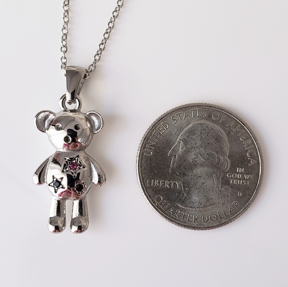NEW 18K White Gold Silver Tone Teddy Bear Necklace with Pink CZ Diamonds - Picture 7 of 8
